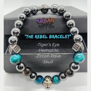 Men's Turquoise Tiger's Eye Silver Hematite Skull Beaded Bracelet Clasp